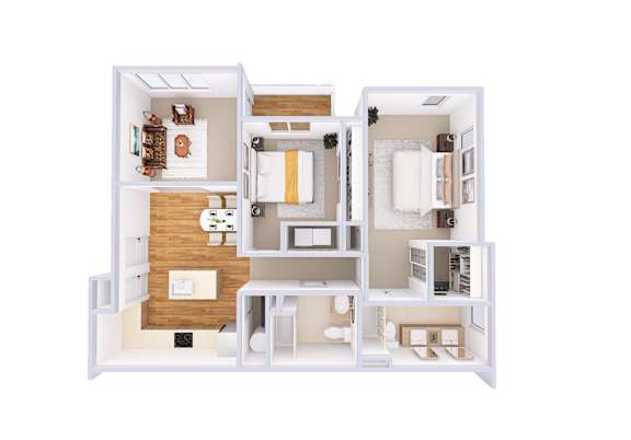 A white floor plan of a house with a kitchen, living room, and bedrooms.