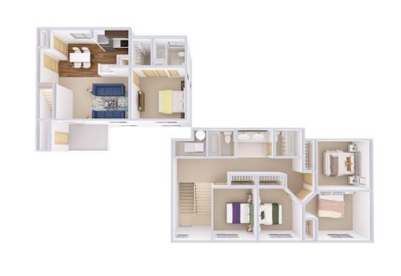 A white floor plan of a two-story apartment with a kitchen, living room, and bedrooms.