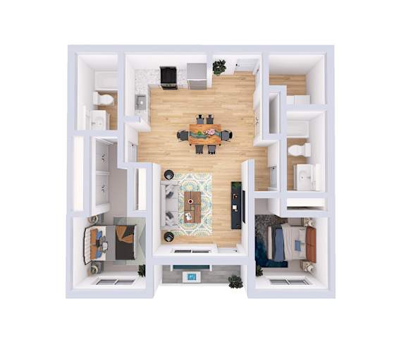 A top down view of a small apartment with a living room, kitchen, and bedroom.