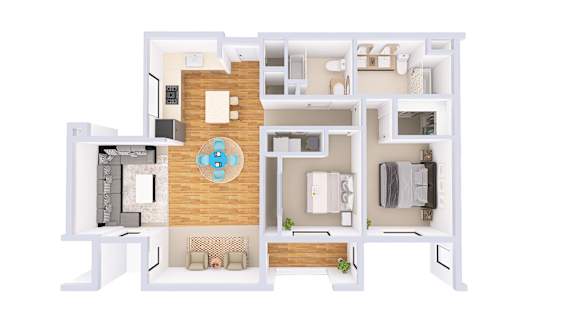A 3D floor plan of a house with a central courtyard.