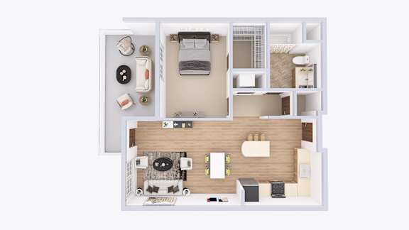 A top-down view of a small apartment with a kitchen, living room, and bedroom.
