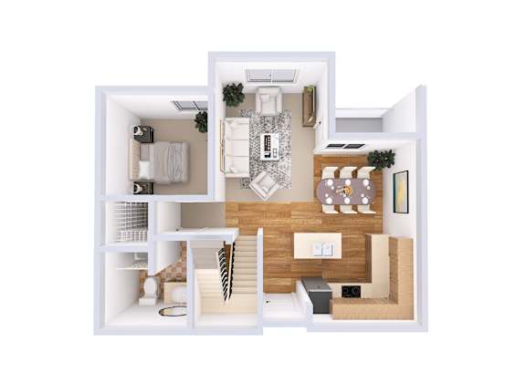 A white and wood floor plan of a small apartment.