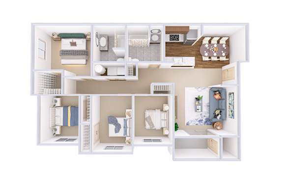 A white dollhouse with furniture and decorations.