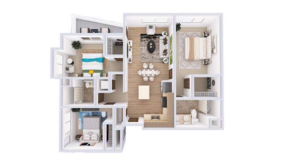 A white and wood floor plan of a small apartment with a kitchen, living room, and bedroom.