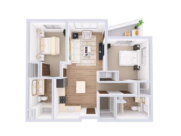 A 3D floor plan of a small apartment with a kitchen, living room, and bathroom.