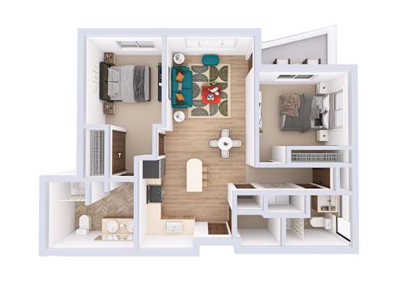 A 3D floor plan of a house with a kitchen, living room, and bedrooms.