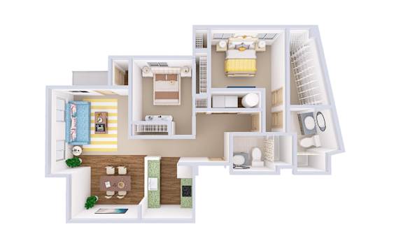 A 3D floor plan of a house with a kitchen, living room, and bathroom.
