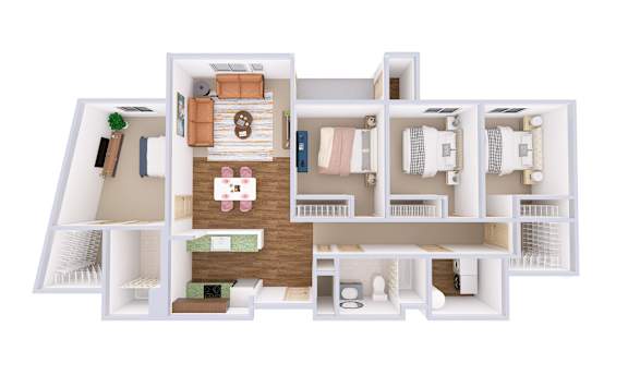 A white dollhouse with a kitchen, living room, and bedrooms.