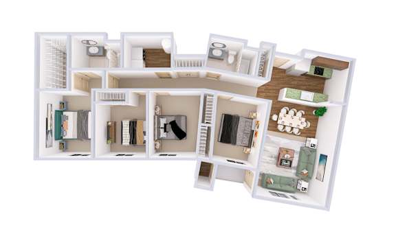 A white dollhouse with various rooms and furniture.