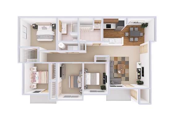 A white floor plan of a house with a kitchen, living room, and bathroom.