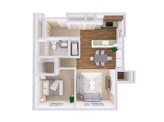 A 3D floor plan of a small apartment with a kitchen, living room, and bathroom.