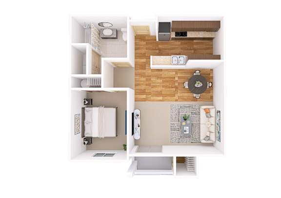 A top down view of a small apartment with a kitchen, living room and bathroom.