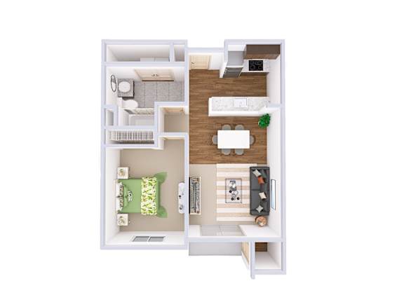 A white floor plan of a small apartment with a bedroom, living room, and kitchen.