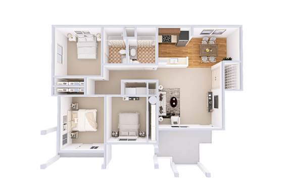 A white floor plan of a house with a kitchen, living room, and bathroom.