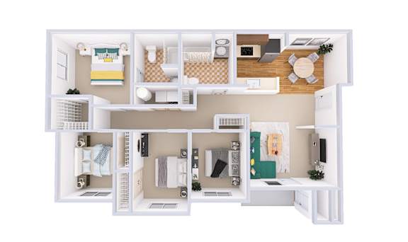 A white dollhouse with a kitchen, living room, and bedroom.