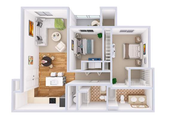 A 3D floor plan of a house with a kitchen, living room, and bedrooms.