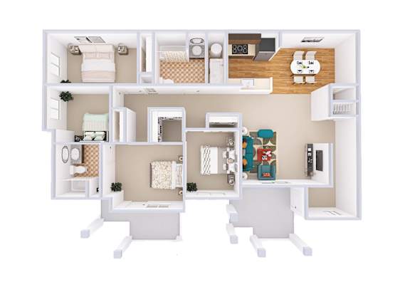 A white floor plan of a house with a kitchen, living room, and two bedrooms.