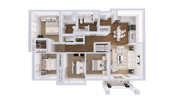 Floor Plan  A detailed 3D floor plan of a two-story residential apartment.