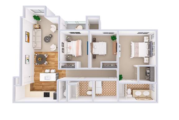 A top-down view of a small apartment with a kitchen, living room, and bedroom.
