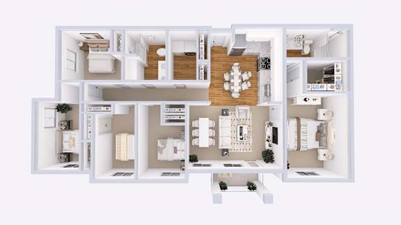 Floor Plan  A white floor plan of a house with a kitchen, living room, and bedrooms.