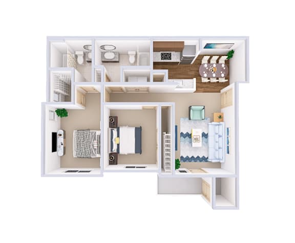 A 3D floor plan of a small apartment with a kitchen, living room, and bathroom.