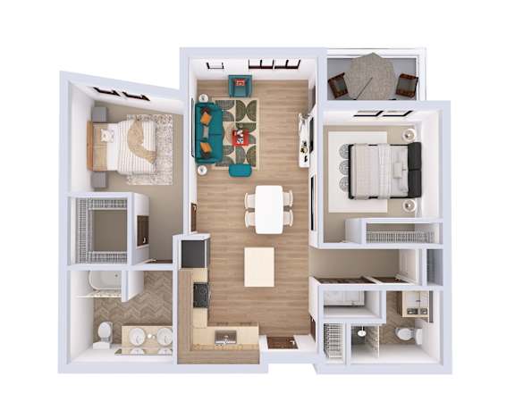 A 3D floor plan of a small apartment with a kitchen, living room, and bedroom.