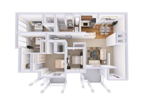 A white 3D model of a house with multiple rooms.