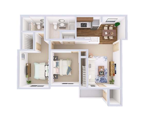 A white dollhouse with furniture and decorations.