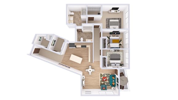 A top-down view of a house layout with a kitchen, living room, and two bedrooms.