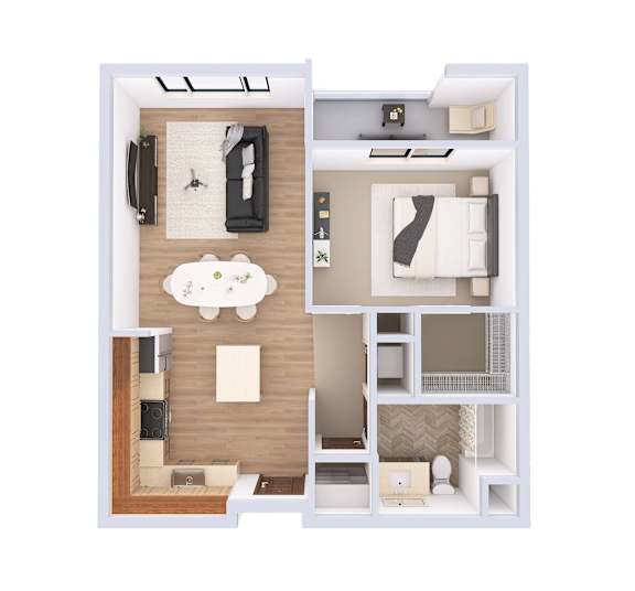 A 3D floor plan of a small apartment with a kitchen, living room, and bedroom.