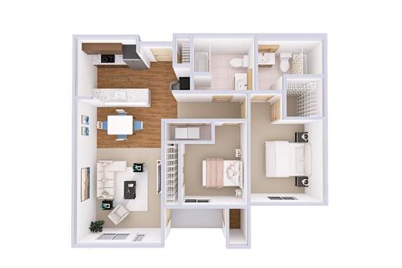 A floor plan of a house with a kitchen, living room, and bedrooms.