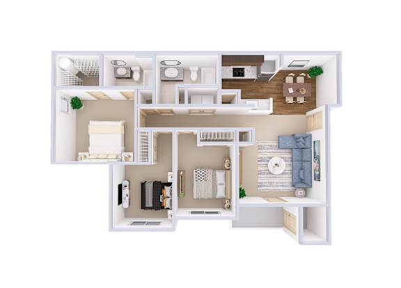 A detailed 3D floor plan of a small apartment.