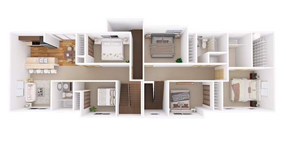 A cutaway view of a house showing the interior of each room.