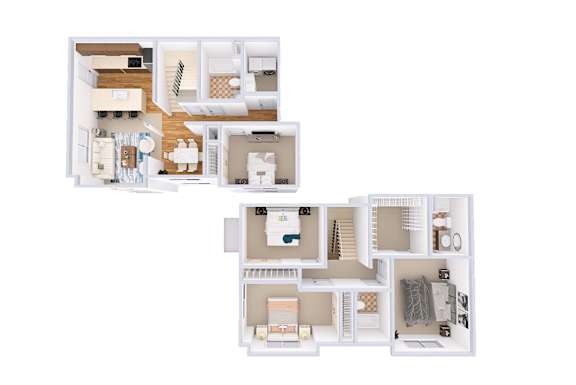 A floor plan of a two-bedroom apartment with a kitchen and living room.