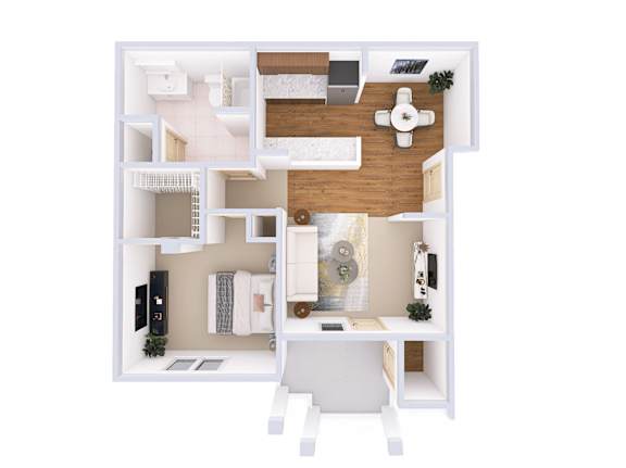 A white and wood floor plan of a small apartment.