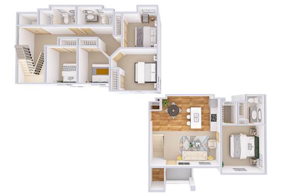 A floor plan of a two-story apartment with a living room, kitchen, and bedrooms.