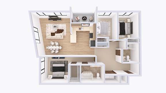 A white model of a house with a kitchen, living room, and bedrooms.