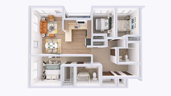 A white 3D floor plan of a small apartment with a kitchen, living room, and bedroom.