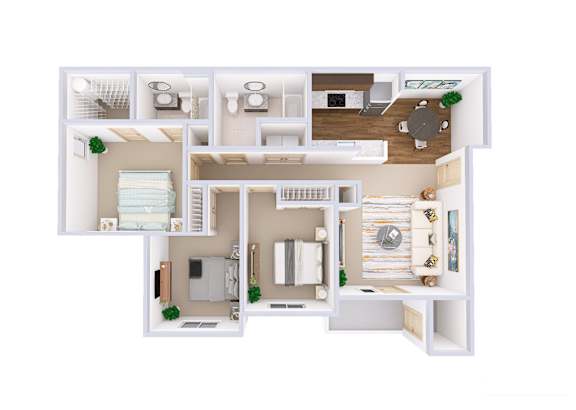 A white dollhouse with a kitchen, living room, and dining area.