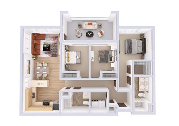 A 3D floor plan of a small apartment with a kitchen, living room, and bedrooms.