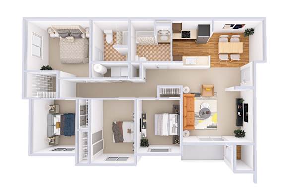 A top-down view of a small apartment with a kitchen, living room, and bathroom.