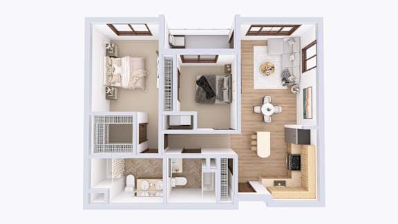 A 3D floor plan of a small apartment with a kitchen, living room, and two bedrooms.