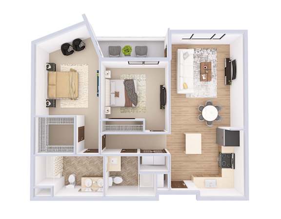 A 3D floor plan of a small apartment with a kitchen, living room, and bathroom.