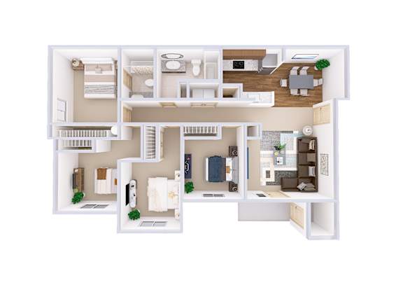 A 3D floor plan of a house with a kitchen, living room, and two bedrooms.
