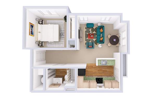 Floor Plan  A white dollhouse with a living room, kitchen, and bathroom.
