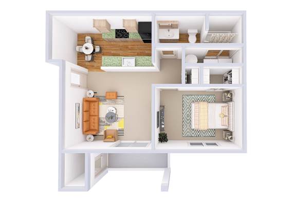 A 3D floor plan of a small apartment with a kitchen, living room, and bathroom.