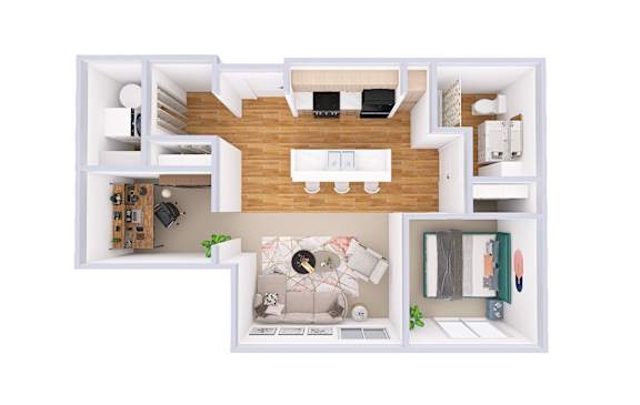A top-down view of a modern apartment layout.