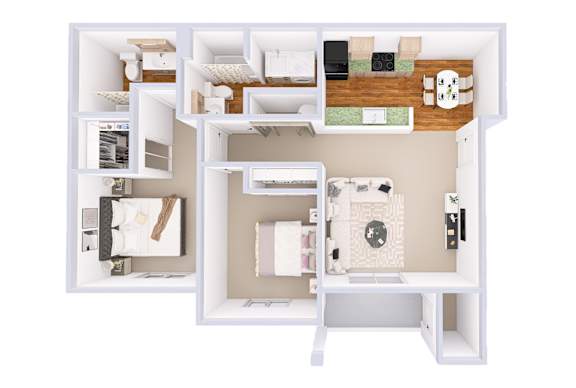 A white dollhouse with a kitchen, living room, and bathroom.