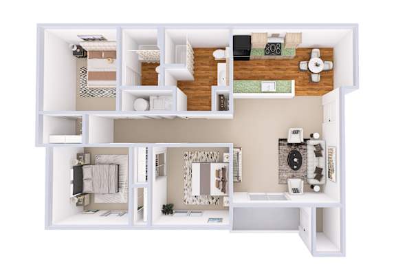 Floor Plan  A white dollhouse with a brown floor and furniture.