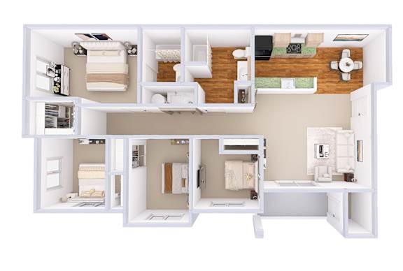 A white model of a house with a kitchen, living room, and two bedrooms.